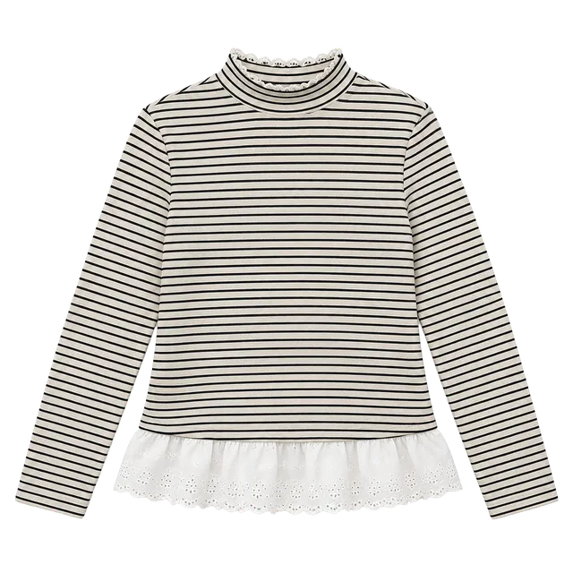 Friful Black White Striped Long Sleeve Top Size L Ruffled Hem
