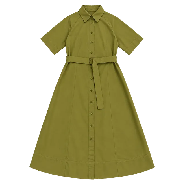H&M Women’s Olive Green 100% Cotton Belted Midi Shirt Dress Size L