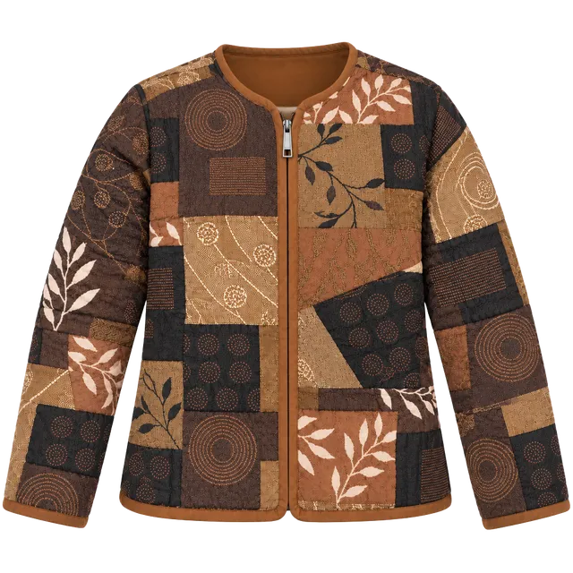 Coldwater Creek Quilted Patchwork Jacket Size PS Brown Zip Up