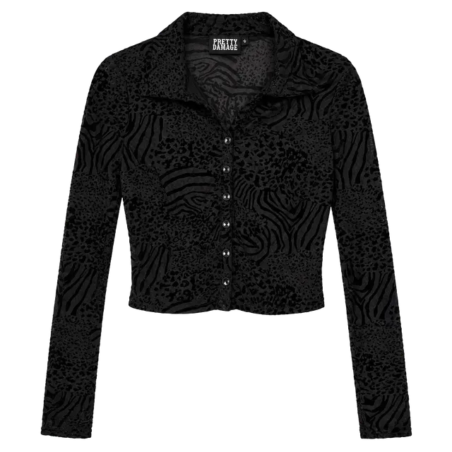 Pretty Damage Button-Up Shirt Size L Black Mesh Animal Print Velvet Top