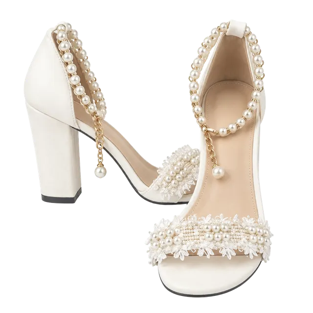 Pearl Ankle Strap Heels Size 35 White Block Heel Pearl Sandals
