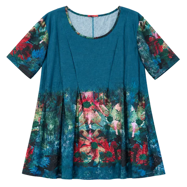 NWT Simply Aster Tunic Length Top Dress Sz 4X Blue Floral Short Sleeve