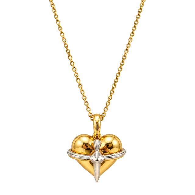 C. Stein Heart Pendant/Brooch Upcycled Stainless Steel Necklace Gold Tone