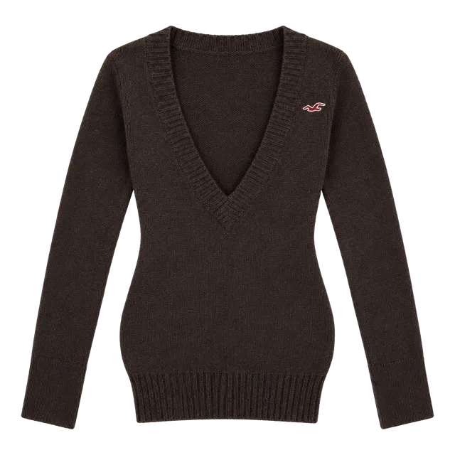 Y2K 2000’s Hollister Deep V-Neck Sweater Size M Brown Long Sleeve