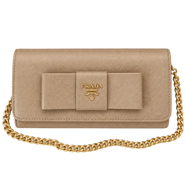 Prada Saffiano Fiocco Bow Long Wallet Chain Beige