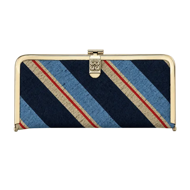 Vintage Striped Silk Kisslock Clutch Wallet Blue Red Silver Tone Frame