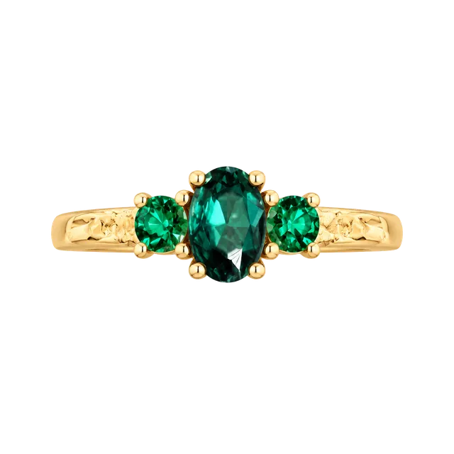 Gold Tone Emerald Green Three Stone Ring Size 6