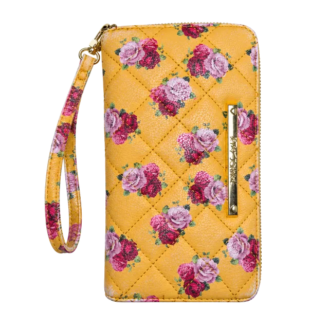 Betsey Johnson Quilted Floral Zip Around Wristlet Wallet Mustard Yellow