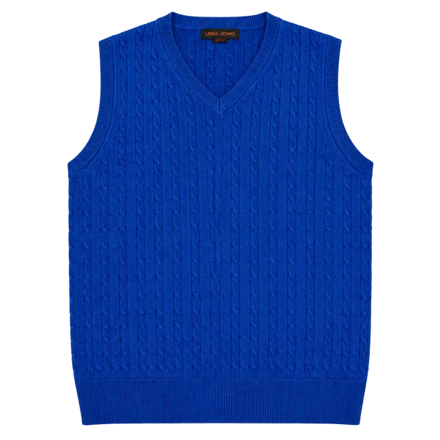 Linea Uomo V-Neck Cable Knit Sweater Vest Blue
