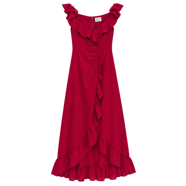 NWT Hello Molly Ruffle Maxi Dress US 6 Red Off Shoulder High Low