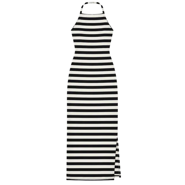 Rachel Parcel Striped Halter Midi Dress Size M Black Beige