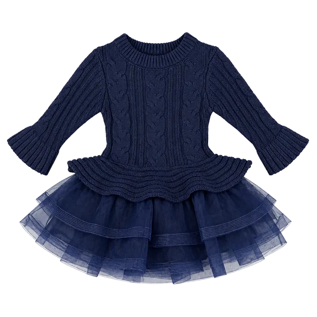 Bonnie Baby Knit Dress Size 12M Navy Blue Cable knit Tulle