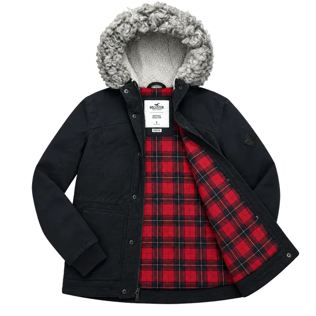 Hollister Heritage Black Faux Fur Hooded Parka Jacket Plaid Lined Size L