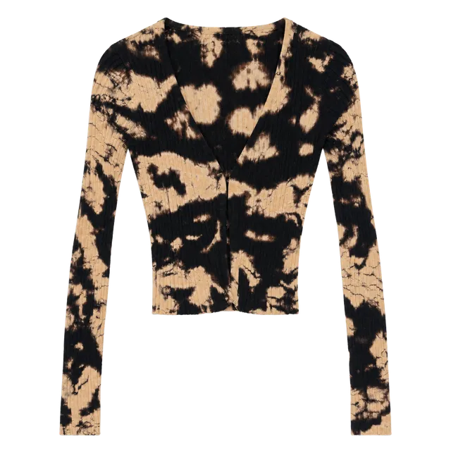 millau Cardigan Size M Black Beige Bleach Tie Dye Ribbed Knit Crop Sweater