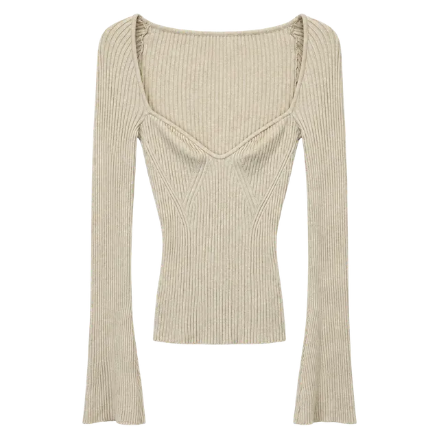 H&M Ribbed Long Sleeve Top Size XS Beige Sweetheart Neck Fitted