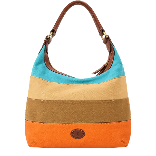Fossil Tate Shoulder Bag Canvas/Leather Color Block Ivory Brown Tan Buckle Y2K