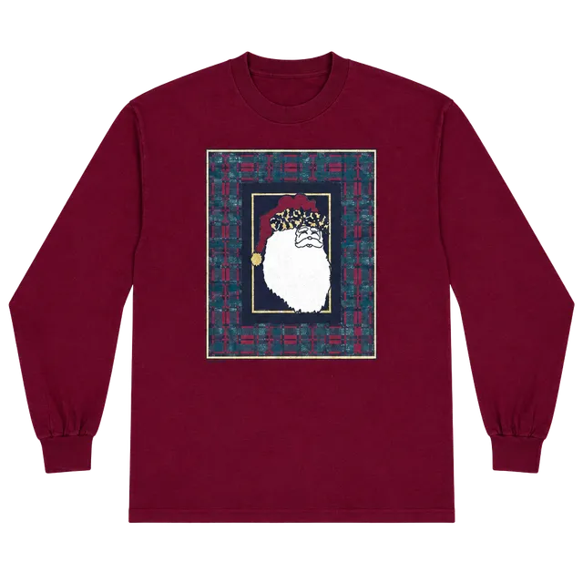 Vintage Ugly Santa Claus Graphic Long Sleeve T-Shirt Burgundy Plaid XL