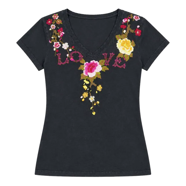 Johnny Was Estrella Tee Black Floral Embroidered V-Neck Top Medium
