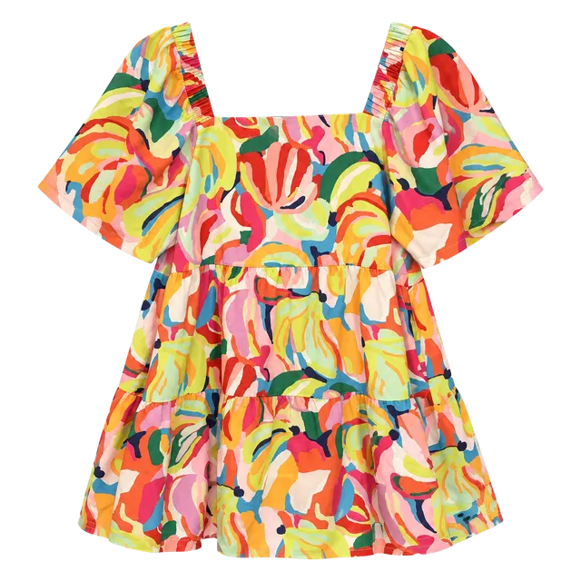 CROSBY by Mollie Burch Colorful Floral Tiered Dress LRG Puff Sleeve Resort Boho