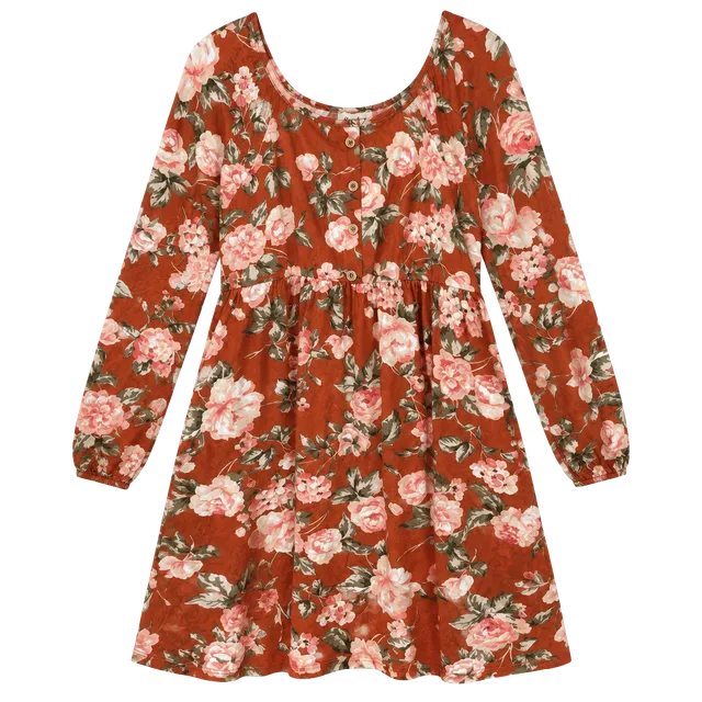 Haptics Floral Long Sleeve Square Neck Dress Rust Orange
