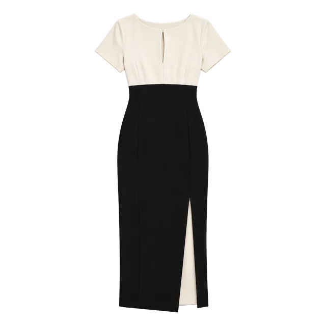 Vintage Two Tone Midi Dress Size S Cream Black Split