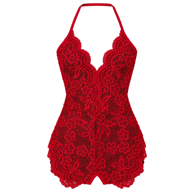 Red Lace Halter Teddy Bodysuit Open Back Lingerie (183)