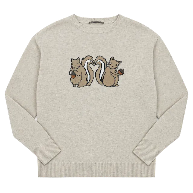 LOFT Squirrel Sweater Size M Beige Heart Tails Graphic Pullover
