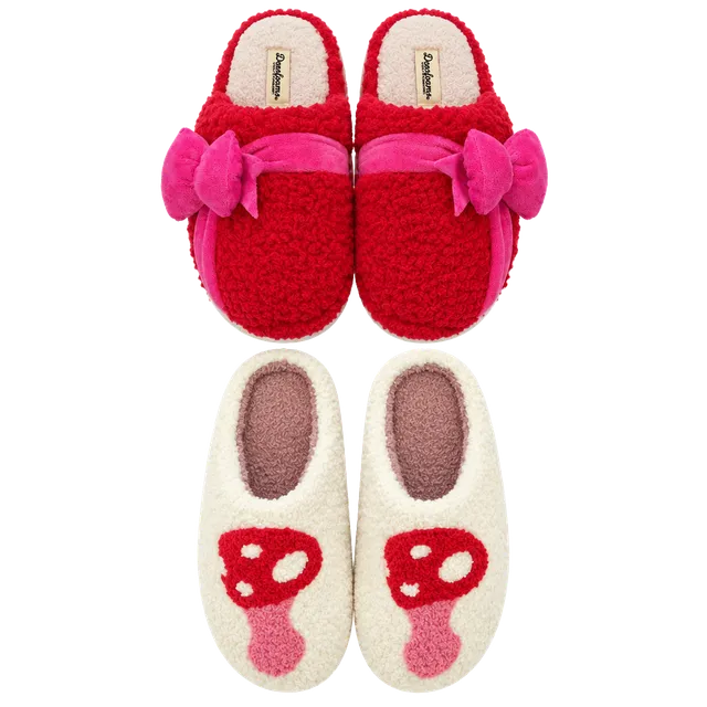 Dearfoams Bow Slippers Size Womens 9-10 Red Fuzzy House Shoes & mushroom slippers Z135
