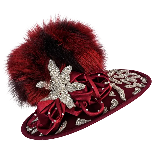 Ellie Hats Burgundy Felt Fur Rhinestone Wide Brim Designer Hat