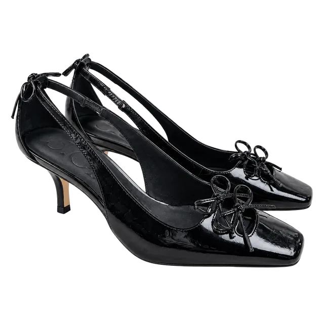 J.Crew Leona Slingback Heels Black Patent Leather Double Bow Square Toe 5.5