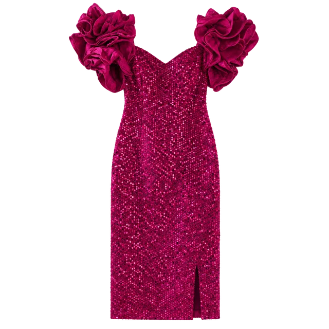 Nadine Magenta Sequin Ruffle Sleeve Dress