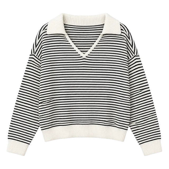 Universal Thread Black & White Striped V-Neck Collared Sweater