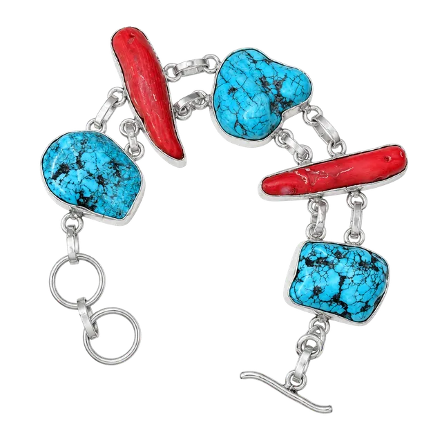 Artisan Sterling Silver Turquoise And Red Coral Link Bracelet