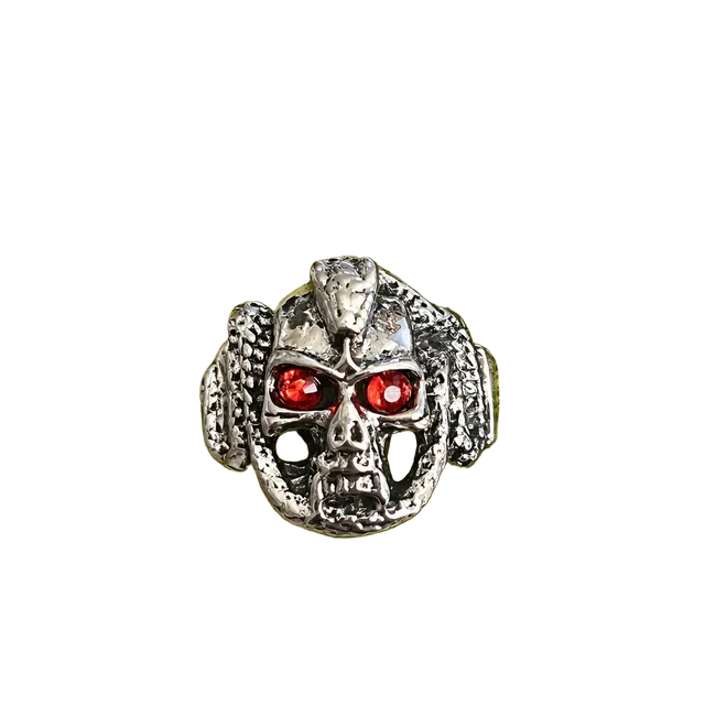 Gothic Silver Tone Skull Ring with Red Crystal Eyes Adjustable Size 9-14