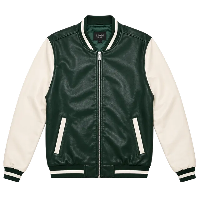 boohooMAN Faux Leather Varsity Jacket Size M Green White