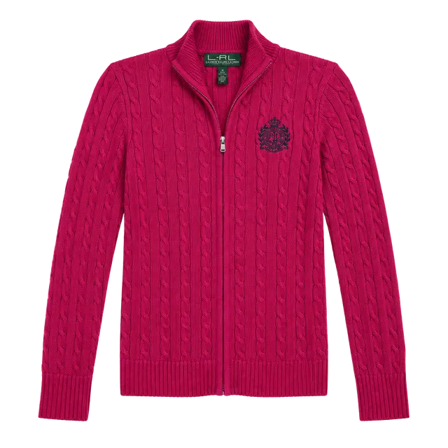 Y2K Lauren Active Ralph Lauren Full-Zip Cable Knit Sweater Size S Pink Crest Preppy