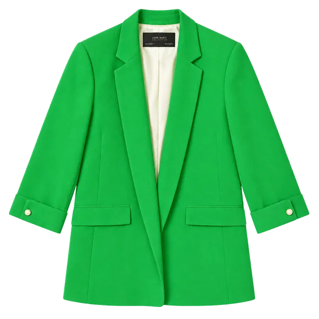 Zara Basic Collection Blazer Size M Green Open Front Pearl Button