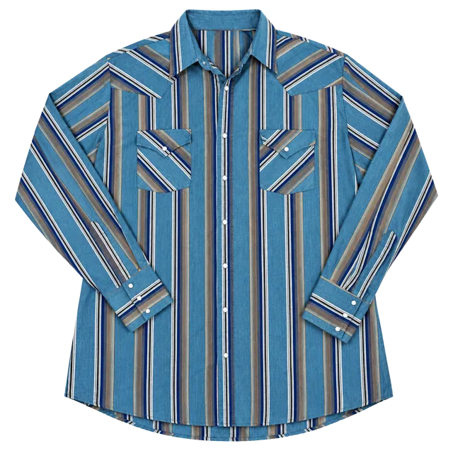 Vintage Ely Cattleman Western Shirt Size L Blue Striped Snap Long Sleeve