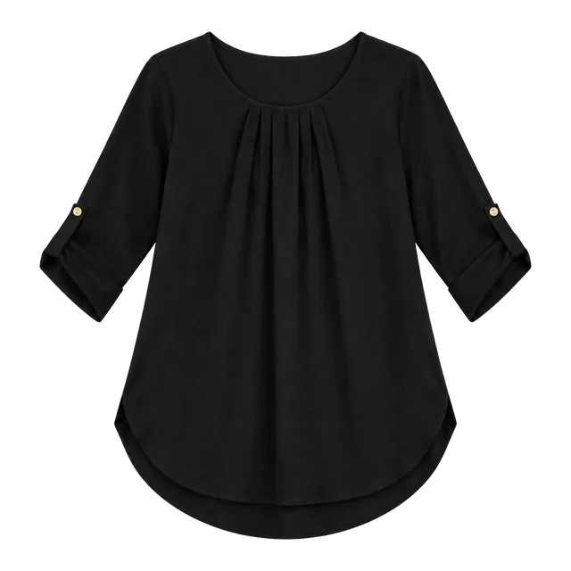 Coco & Main Blouse Size XL Black Pleated 3/4 Roll Tab Sleeve Tunic