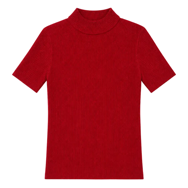 Red Ribbed Mock Neck Short Sleeve Sweater Top Minimalist Preppy Size M