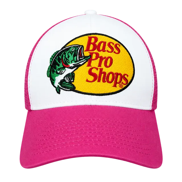 Bass Pro Shops Trucker Hat Pink White Mesh Snapback Cap