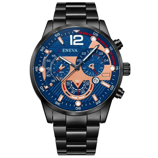 Geneva Men's Luxury Quartz Watch Black And Blue Dial