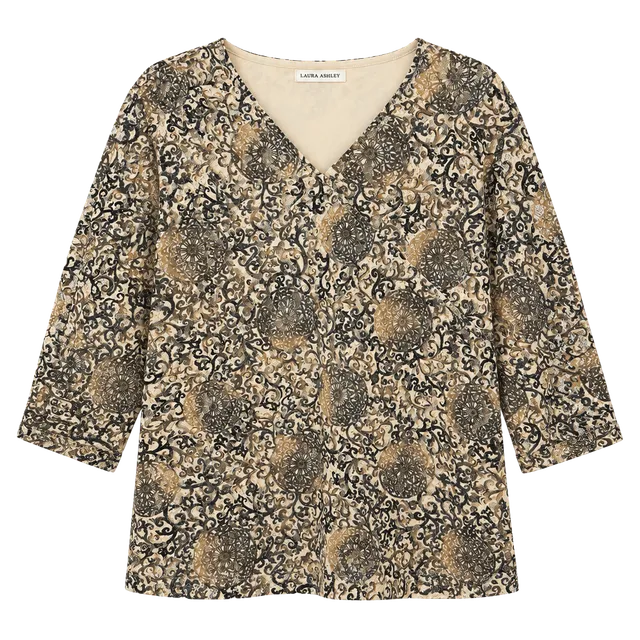 Laura Ashley XL Burnout Velvet Mesh Top Gold Sparkle Sheer Sleeve Y2K Boho
