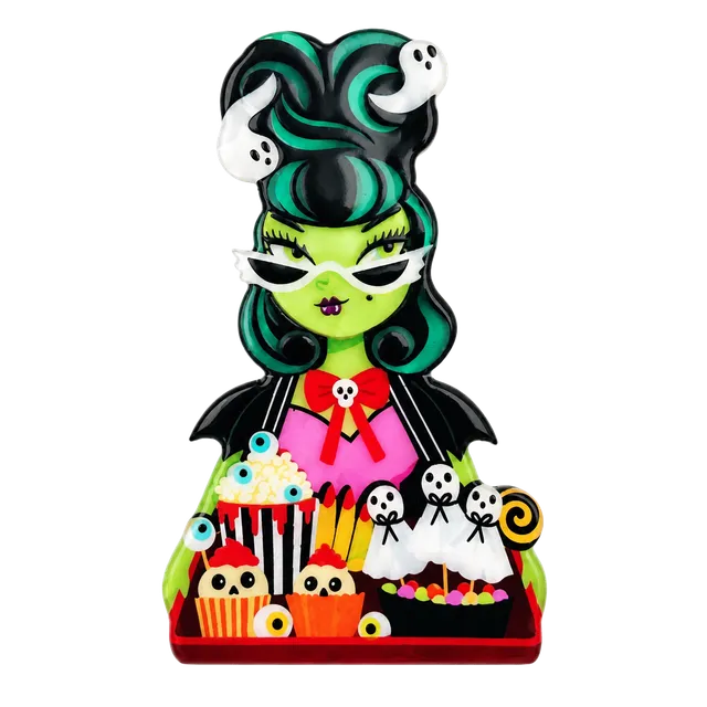 Spooky Cute Candy Seller Acrylic Brooch Retro Monster Woman Halloween Jewelry 