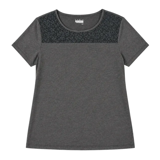 Basic Editions Lace Yoke T-Shirt Size S Black