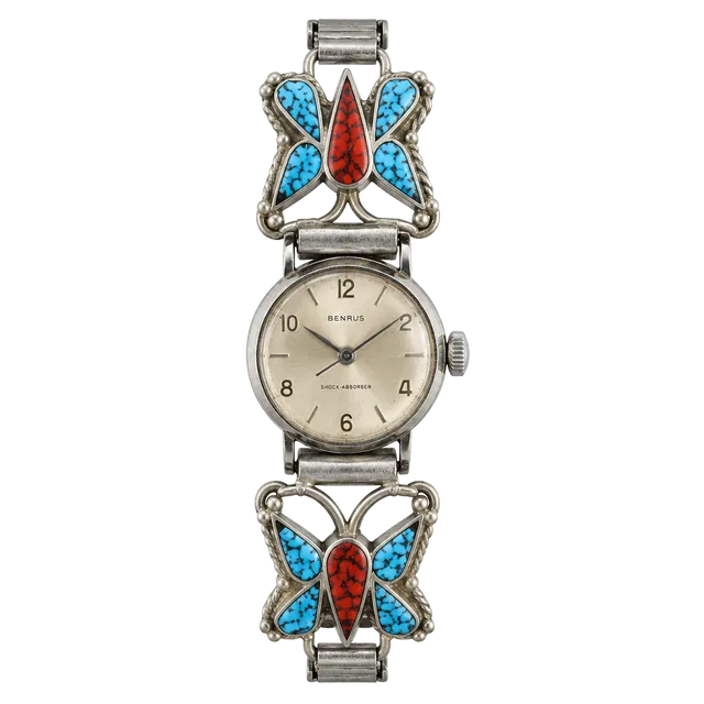 Timex Vintage 17 Jewels w/Turquoise & Coral Native Butterfly Inlay Stretch Watch