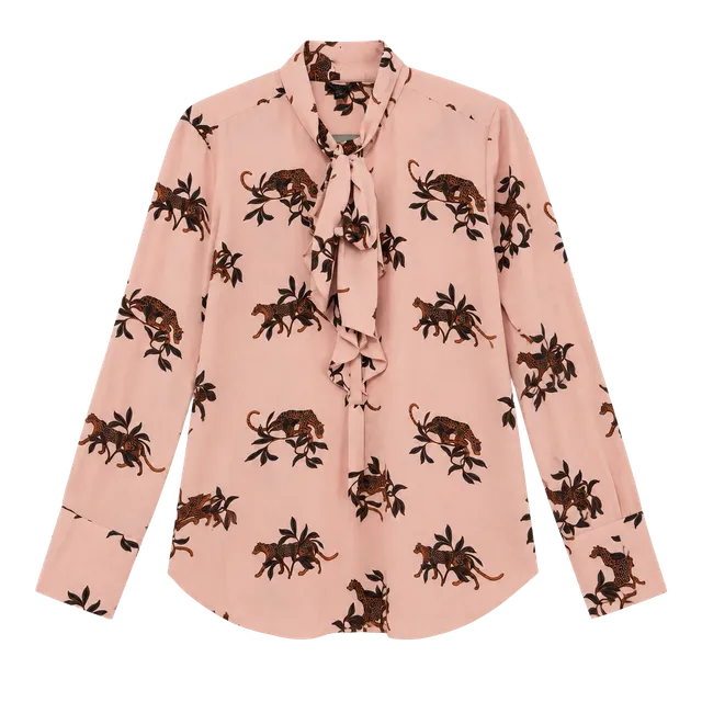 Ann Taylor Leopard Tie Neck Blouse Size M Pink Long Sleeve