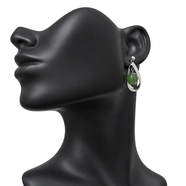 Vintage 1970s Modernist Silver Tone Green Jade Cabochon Drop Earrings