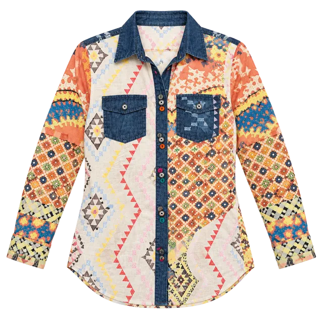 Desigual Cam Aurora Shirt Womens S NWT Embroidered Boho Western Denim Button Up