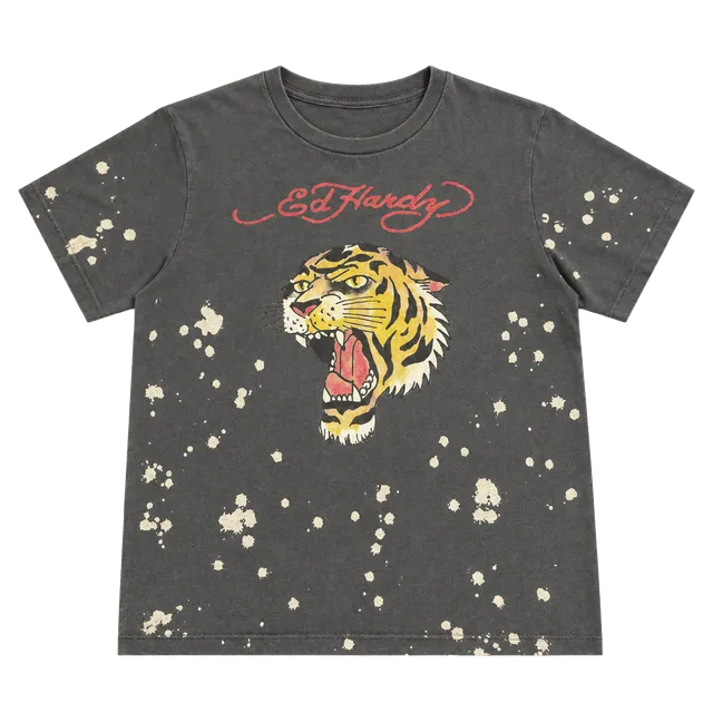 Ed Hardy Tiger Bleach Splatter T-Shirt Size 1X Gray